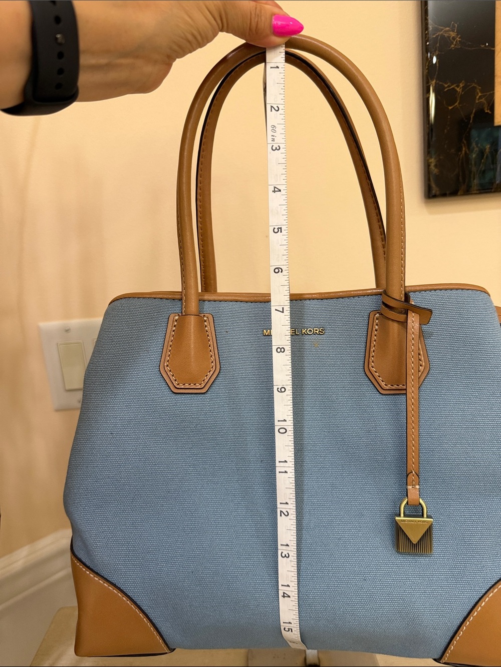 Michael Kors Blue Canvas and Tan Leather Satchel - Picture 5 of 9